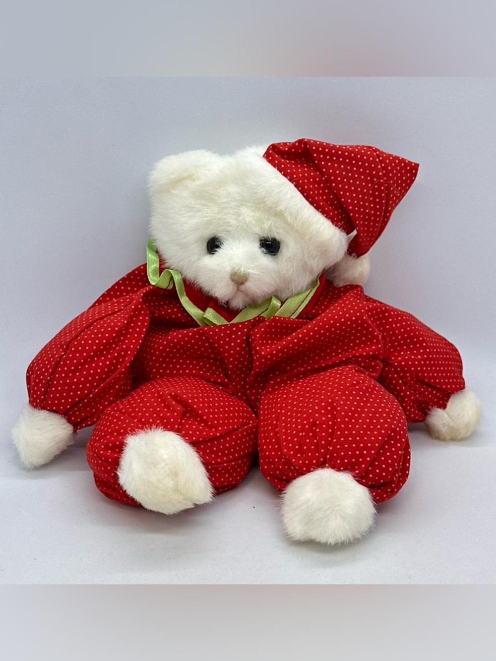 Vintage 11" Russ Berrie Beany Plush Stuffed White Teddy Bear Red Clown Outfit